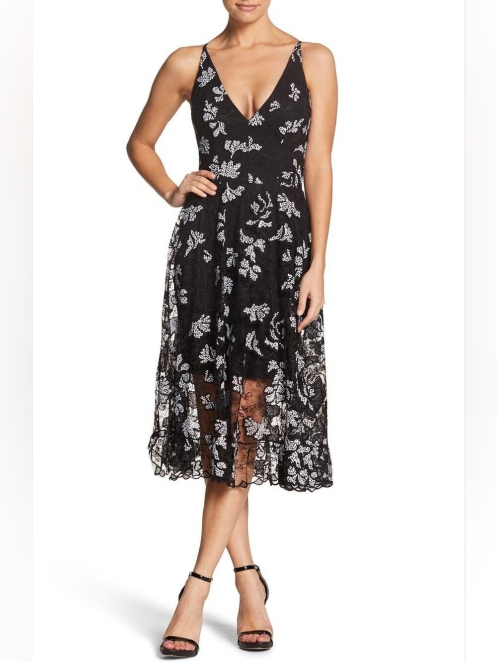 Dress The Population Audrey Black Floral Sequin Midi Dress Sz S Cocktail Formal